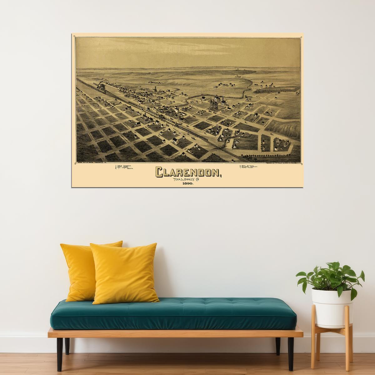 Clarendon Texas 1890 Historic Panoramic Town Map Poster Wall Art Print Home Wall Decor