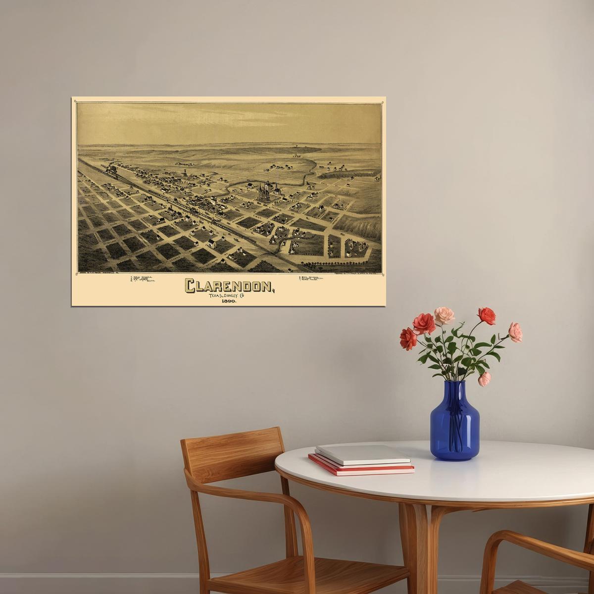 Clarendon Texas 1890 Historic Panoramic Town Map Poster Wall Art Print Home Wall Decor