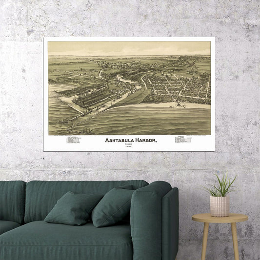 Bird's Eye View 1896 Ashtabula Ohio Vintage City Map Poster Wall Art Print Home Wall Decor - xonomax