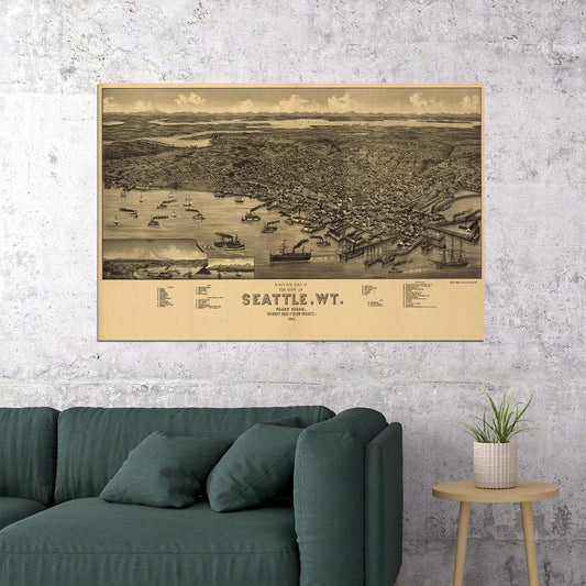 Bird's Eye View 1884 Seattle Wa Vintage Style City Map Poster Wall Art Print Home Wall Decor - xonomax