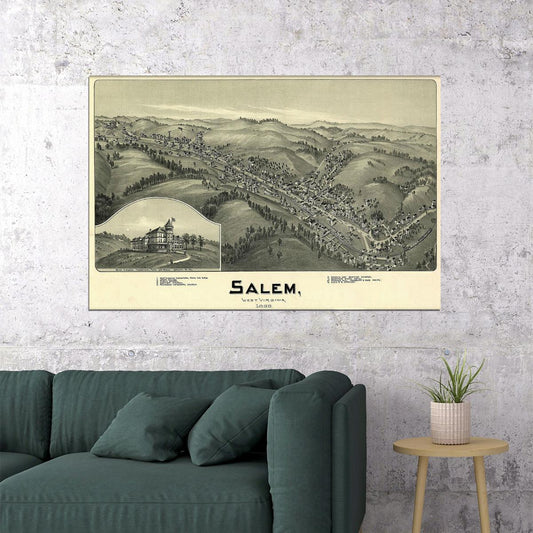Bird's Eye View 1899 Salem West Virginia Vintage City Map Poster Wall Art Print Home Wall Decor - xonomax