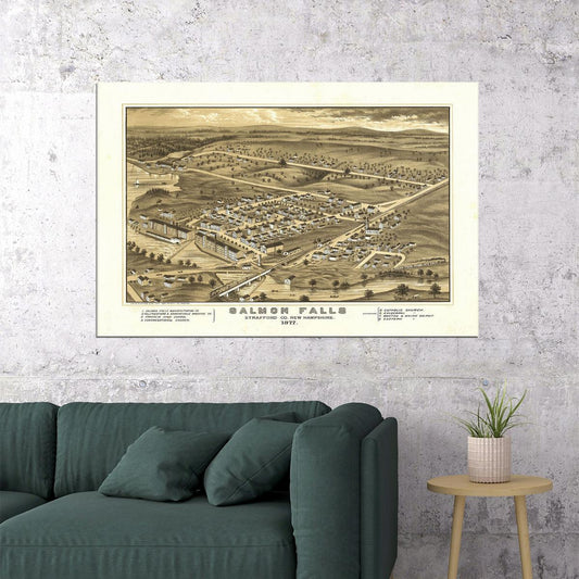 Bird's Eye View 1877 Salmon Falls Nh Vintage City Map Poster Wall Art Print Home Wall Decor - xonomax