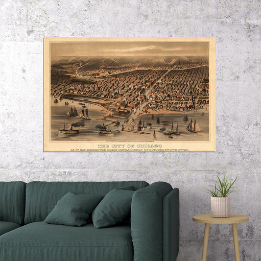 Bird's Eye View 1871 Chicago Illinois Vintage Map Poster Wall Art Print Home Wall Decor - xonomax