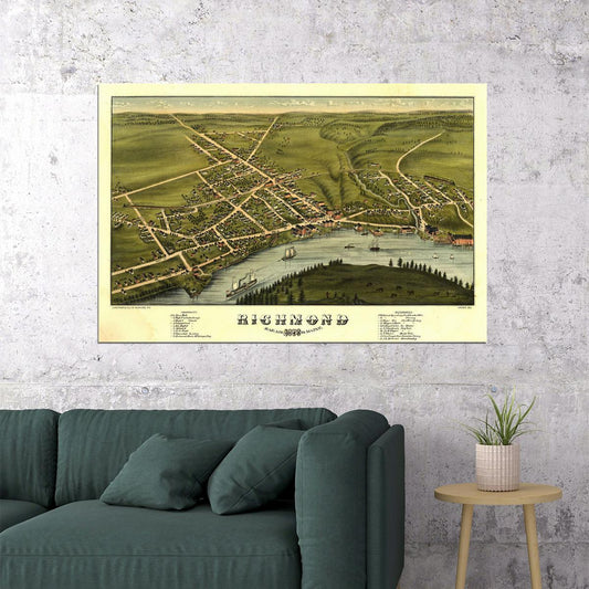 Bird's Eye View 1878 Richmond Maine Vintage Style City Map Poster Wall Art Print Home Wall Decor - xonomax