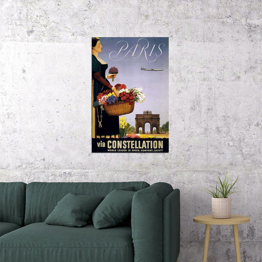 Fly To Paris France Via Constellation 1950s Vintage Travel Poster Wall Art Print Home Wall Decor - xonomax