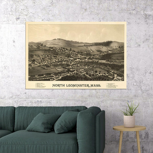 Bird's Eye View 1887 North Leominster Ma Vintage City Map Poster Wall Art Print Home Wall Decor - xonomax
