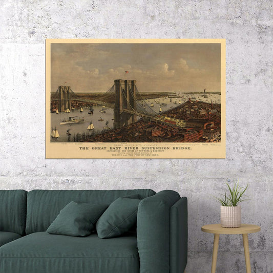 Bird's Eye View 1885 Brooklyn Bridge New York Vintage Map Poster Wall Art Print Home Wall Decor - xonomax