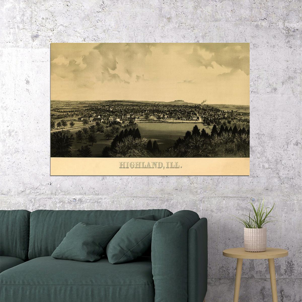 Highland Illinois 1894 Historic Panoramic Town Map Poster Wall Art Print Home Wall Decor