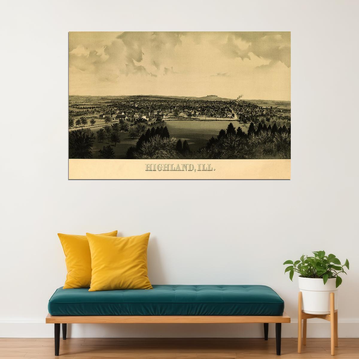 Highland Illinois 1894 Historic Panoramic Town Map Poster Wall Art Print Home Wall Decor