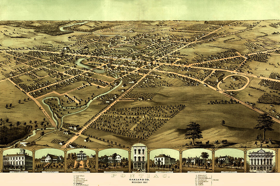 Pontiac Michigan 1867 Historic Panoramic Town Map Poster Wall Art Print Home Wall Decor