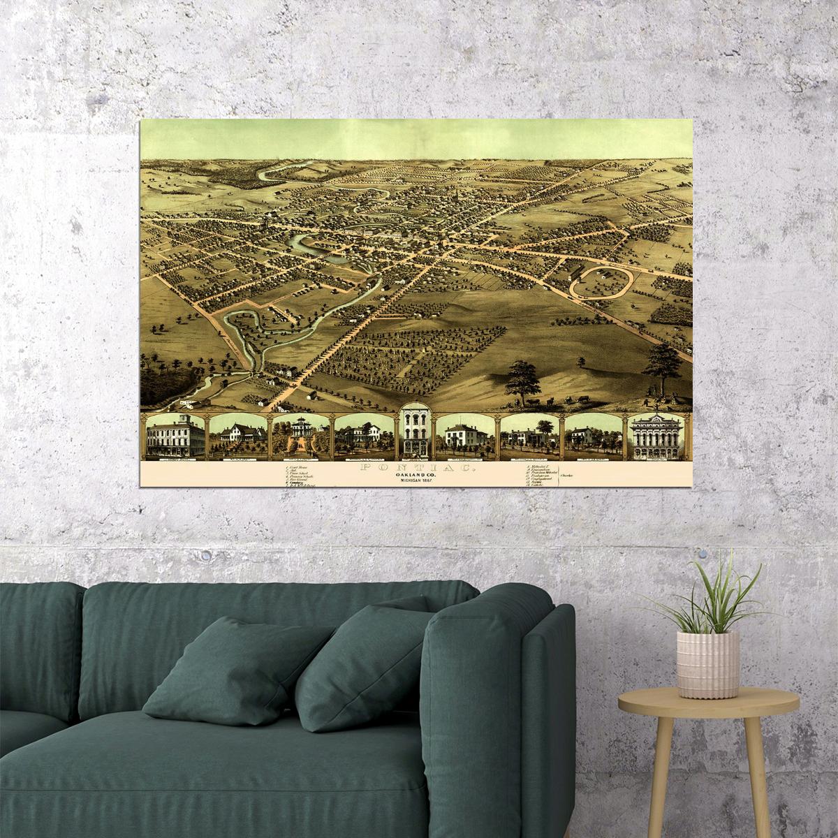Pontiac Michigan 1867 Historic Panoramic Town Map Poster Wall Art Print Home Wall Decor