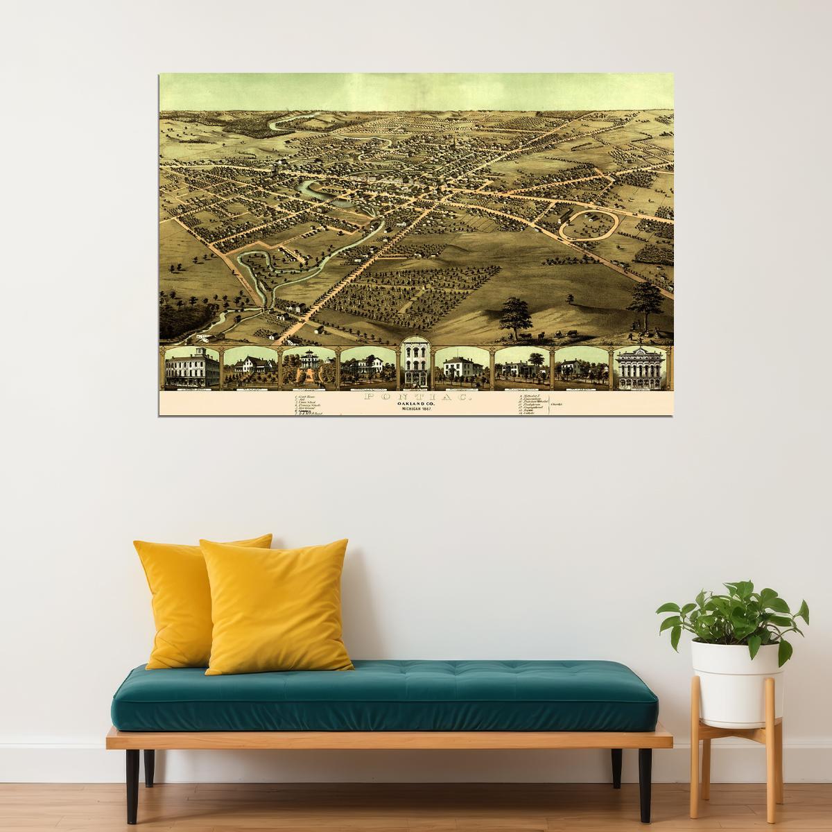 Pontiac Michigan 1867 Historic Panoramic Town Map Poster Wall Art Print Home Wall Decor