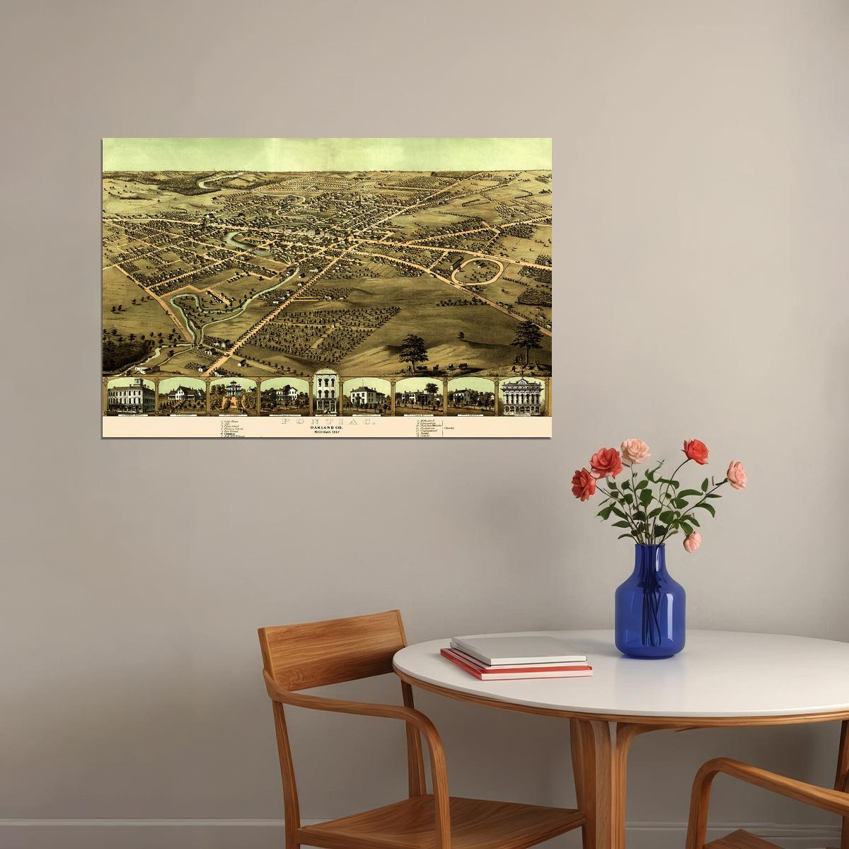 Pontiac Michigan 1867 Historic Panoramic Town Map Poster Wall Art Print Home Wall Decor