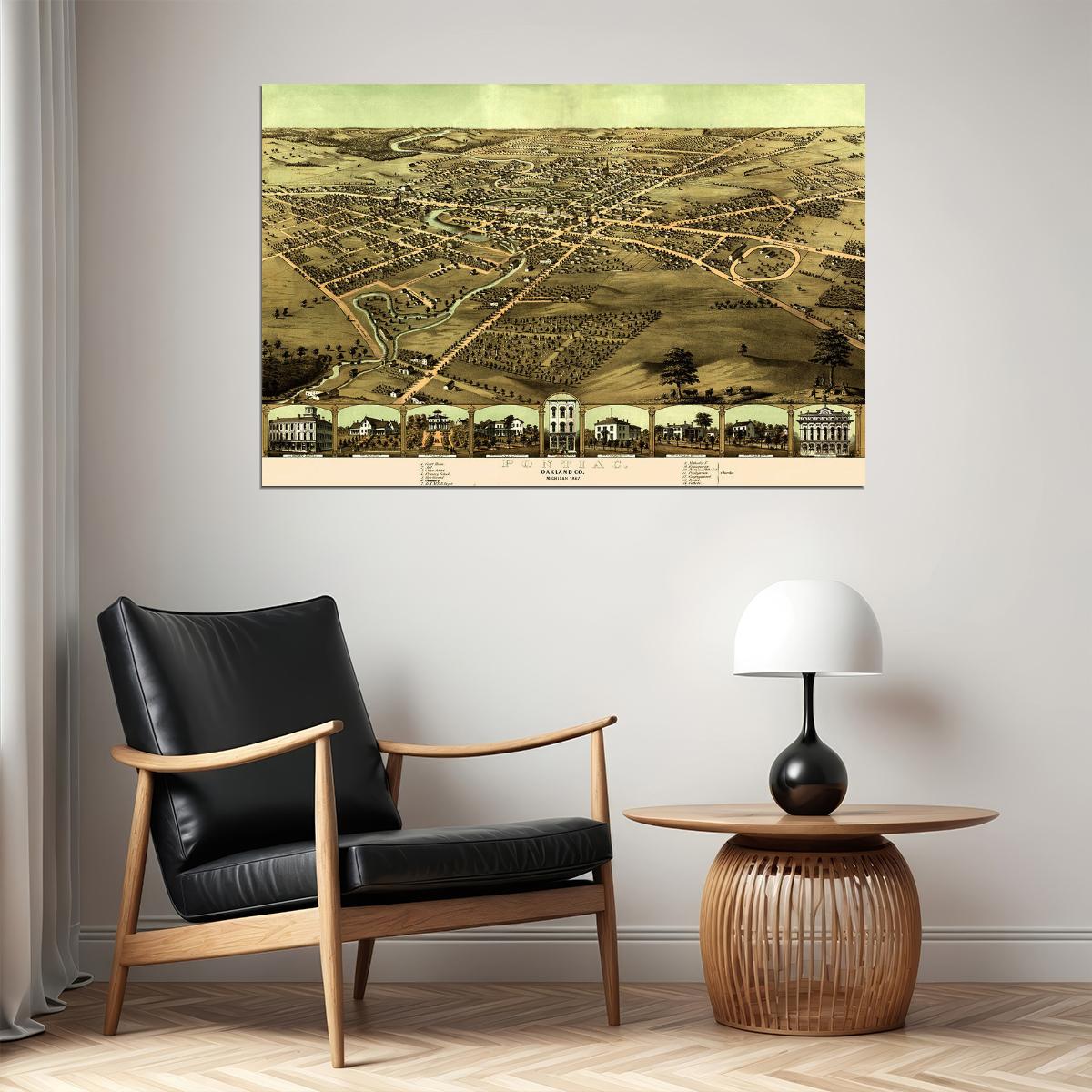 Pontiac Michigan 1867 Historic Panoramic Town Map Poster Wall Art Print Home Wall Decor