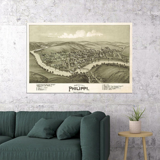Bird's Eye View 1897 Philippi West Virginia Vintage Map Poster Wall Art Print Home Wall Decor - xonomax