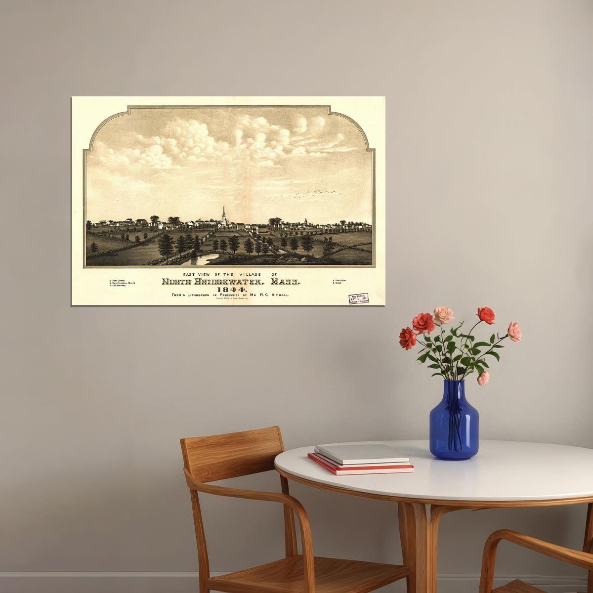 North Bridgewater Massachusetts 1844 Panoramic Town Map Poster Wall Art Print Home Wall Decor