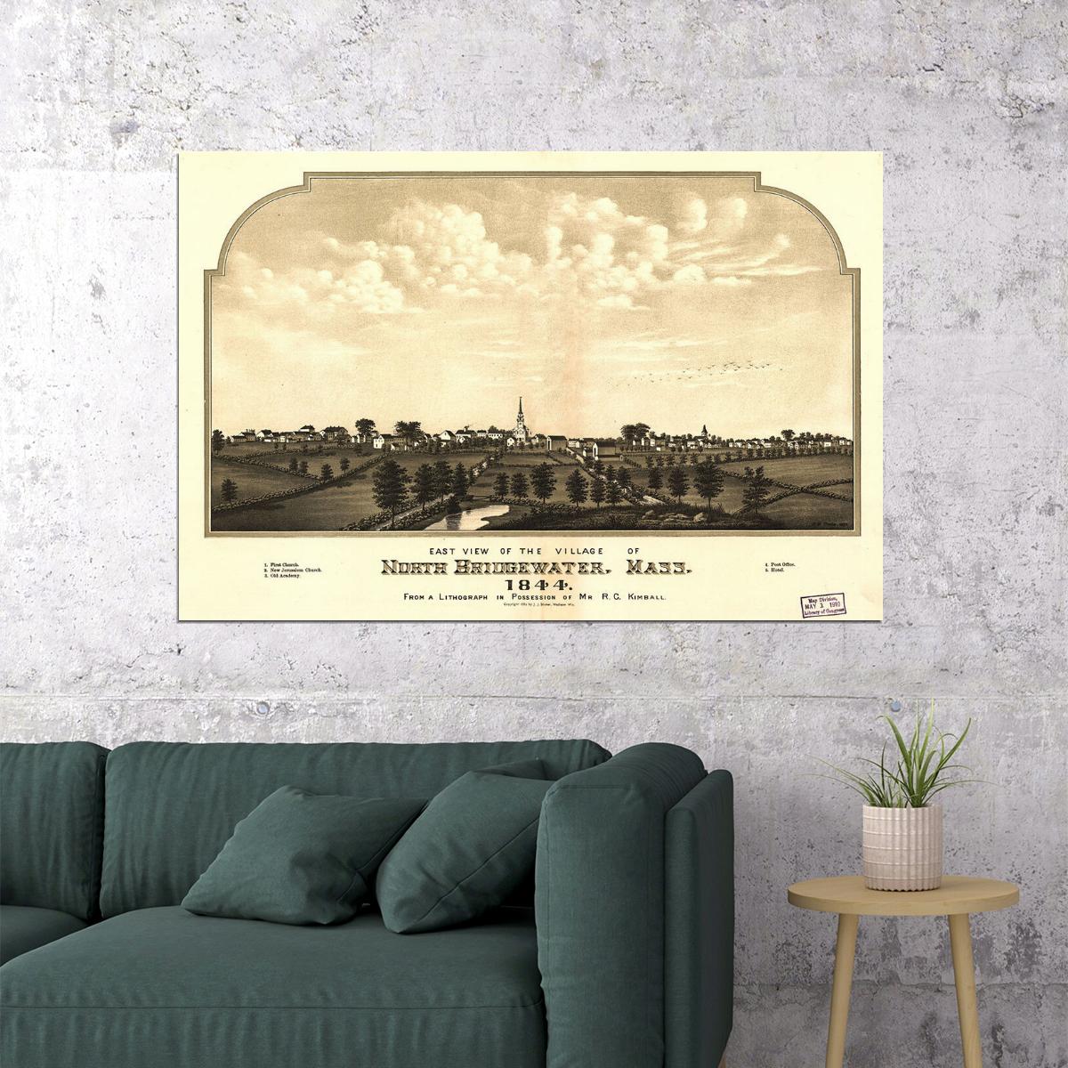 North Bridgewater Massachusetts 1844 Panoramic Town Map Poster Wall Art Print Home Wall Decor