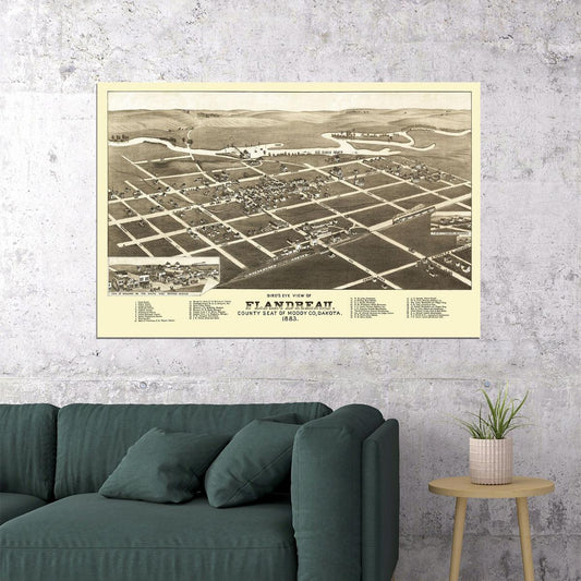 Bird's Eye View 1882 Flandreau South Dakota City Map Poster Wall Art Print Home Wall Decor - xonomax
