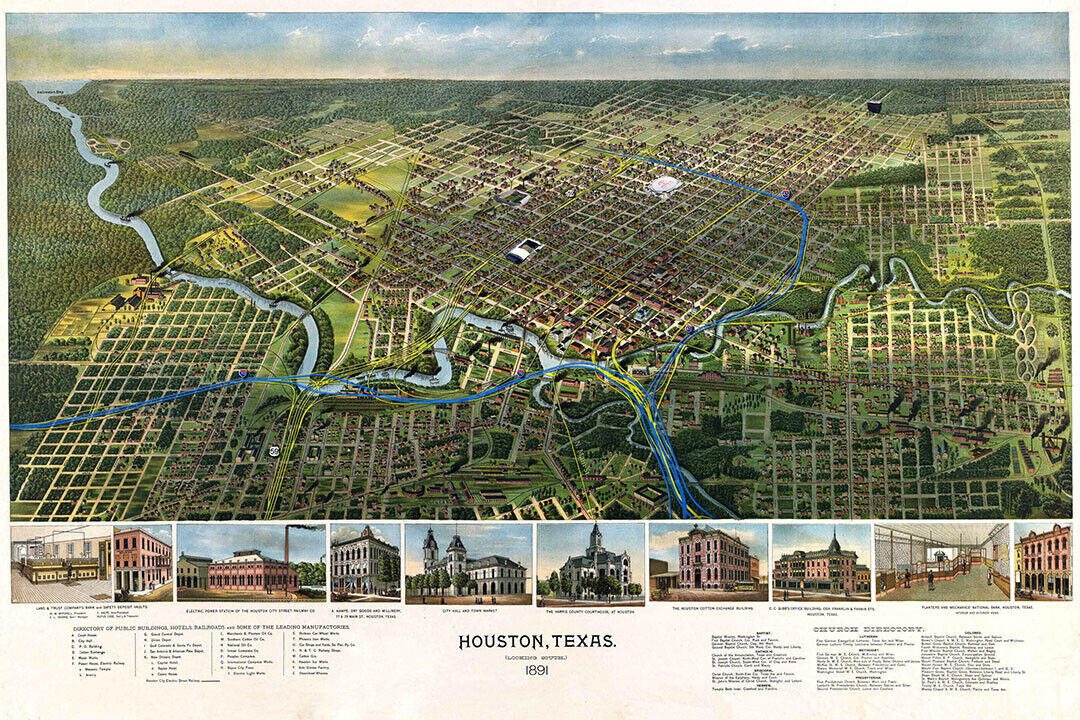 Houston Texas 1891 Historic Panoramic Town Map Poster Wall Art Print Home Wall Decor