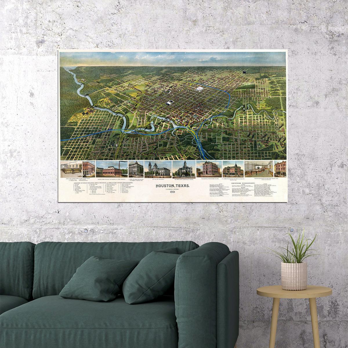 Houston Texas 1891 Historic Panoramic Town Map Poster Wall Art Print Home Wall Decor