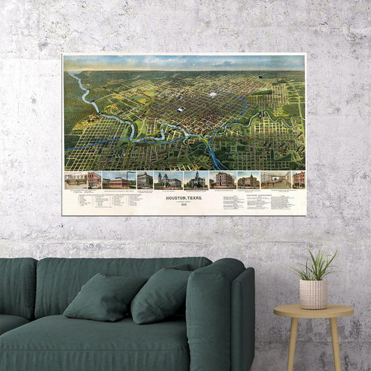 Houston Texas 1891 Historic Panoramic Town Map Poster Wall Art Print Home Wall Decor - xonomax