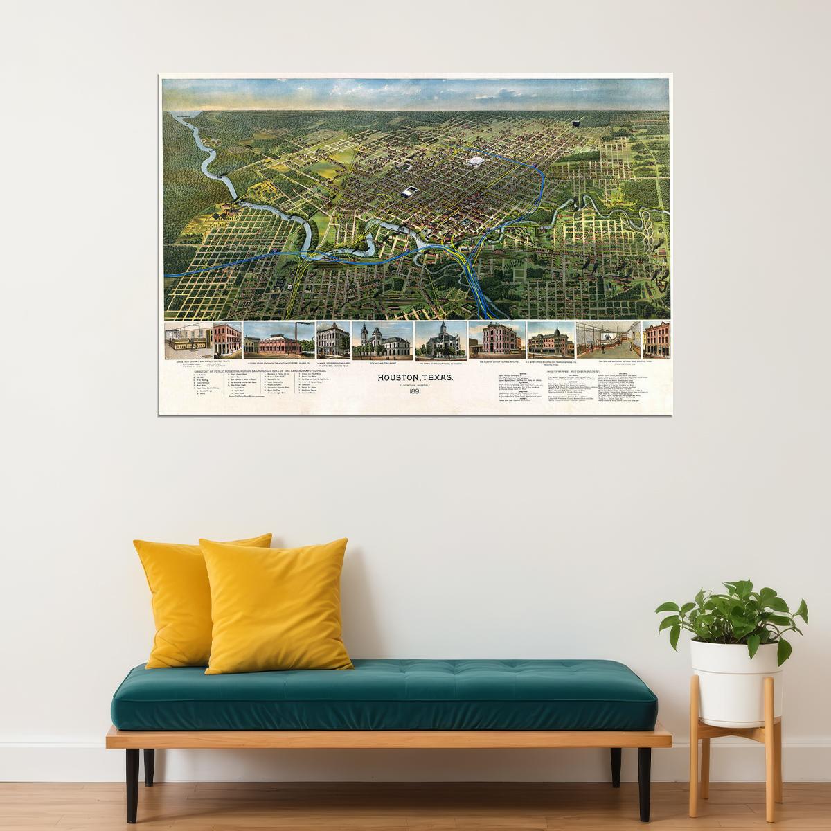 Houston Texas 1891 Historic Panoramic Town Map Poster Wall Art Print Home Wall Decor