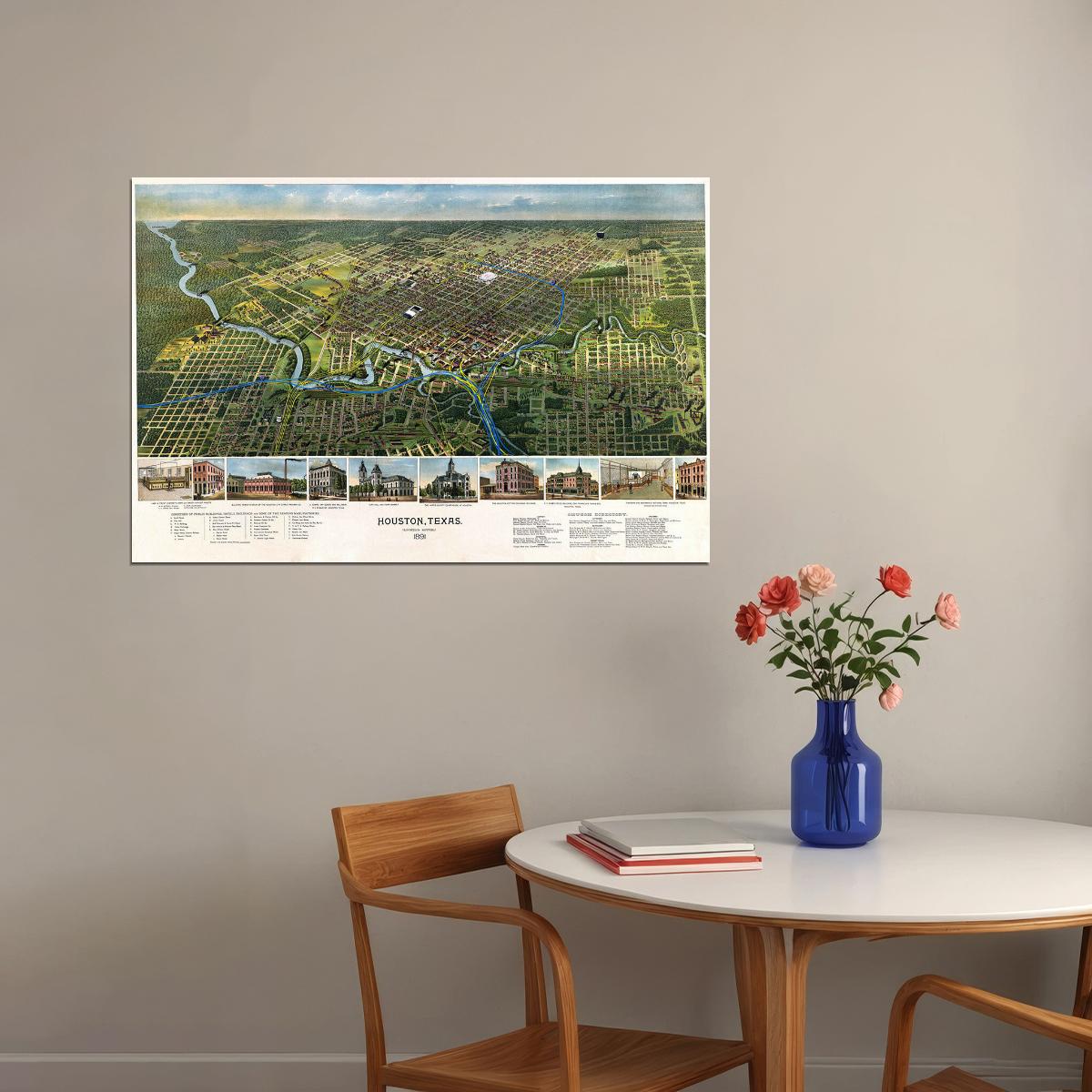 Houston Texas 1891 Historic Panoramic Town Map Poster Wall Art Print Home Wall Decor