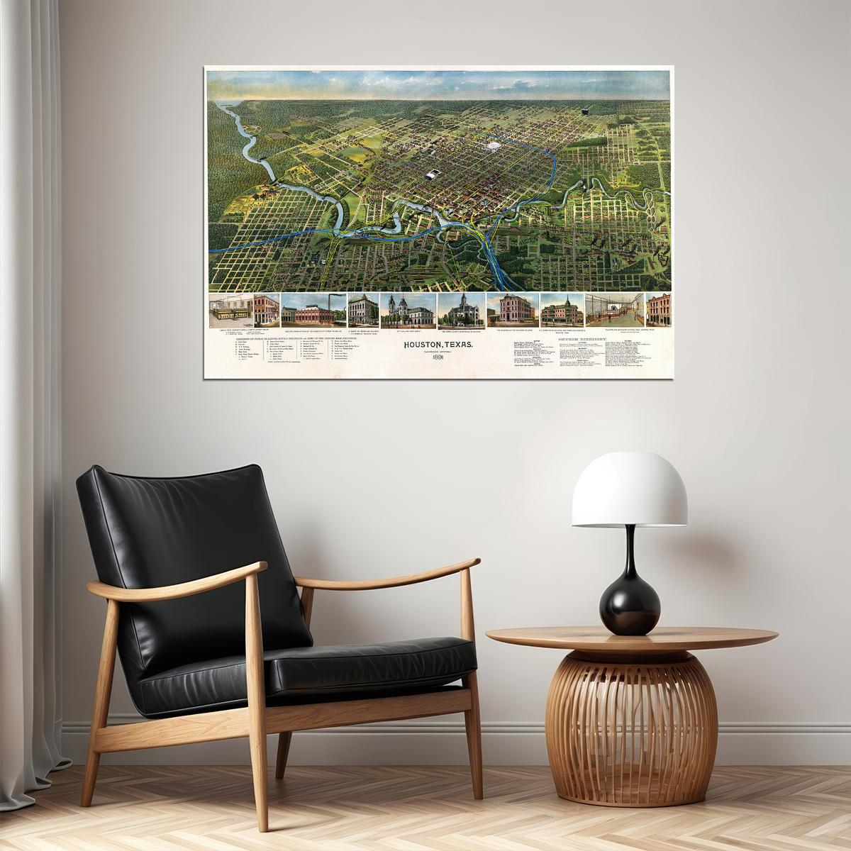 Houston Texas 1891 Historic Panoramic Town Map Poster Wall Art Print Home Wall Decor