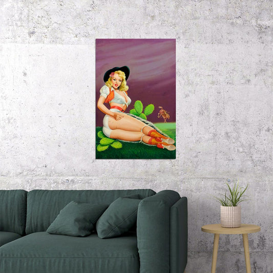 1950s Classic Cowgirl Pin-up Fallin’ On The Cactus Poster Wall Art Print Home Wall Decor - xonomax
