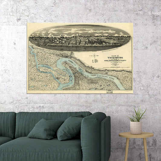 Bird's Eye View 1885 Vicksburg Mississippi Vintage Map Poster Wall Art Print Home Wall Decor - xonomax