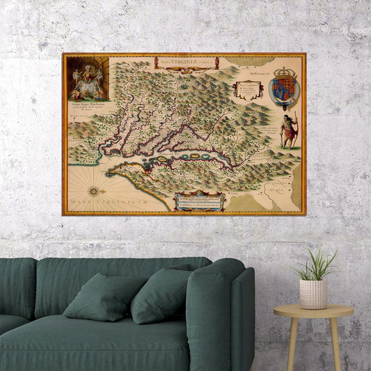 Hondius’ Early Map Of Virginia Vintage Exploration Map Poster Wall Art Print Home Wall Decor - xonomax