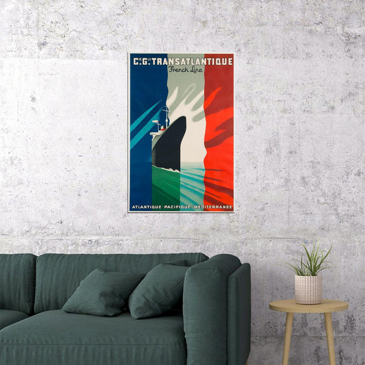 1937 Transatlantic French Line Cruise Vintage Travel Poster Wall Art Print Home Wall Decor - xonomax