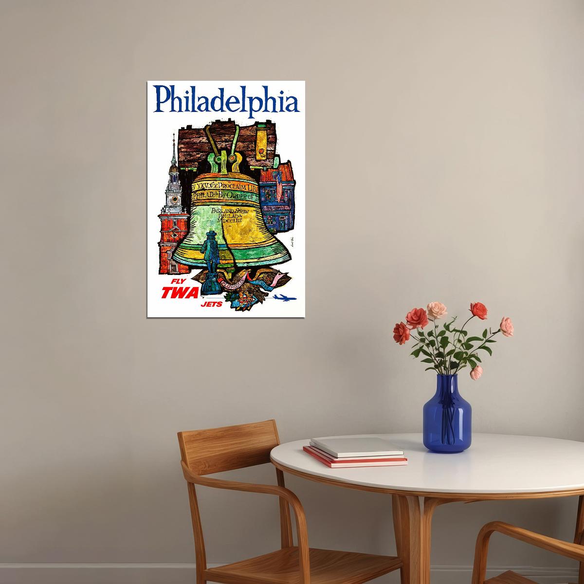 1960s Philadelphia Fly Twa Jets Vintage Airline Travel Poster Wall Art Print Home Wall Decor