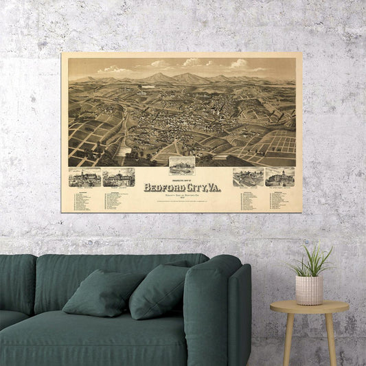 Bedford Virginia 1891 Historic Panoramic Town Map Poster Wall Art Print Home Wall Decor - xonomax