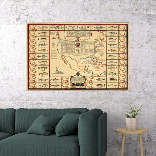 1930s Saltwater Game Fish Map North America Fishing Map Poster Wall Art Print Home Wall Decor - xonomax