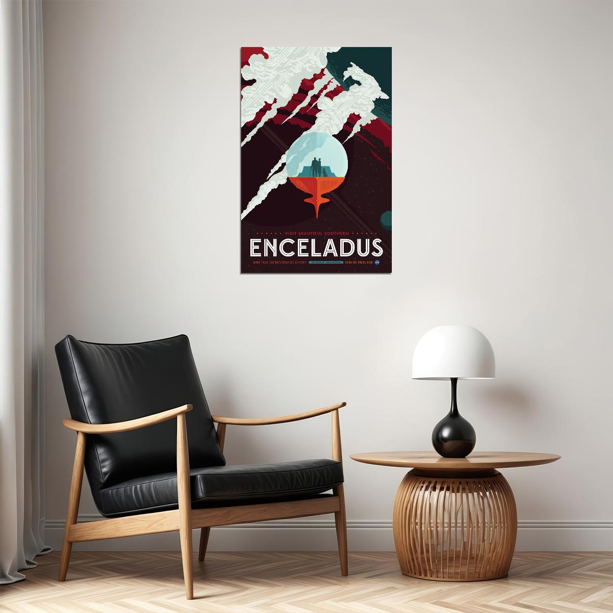 Retro Space Exploration Visit Saturn’s Moon Enceladus Poster Wall Art Print Home Wall Decor - xonomax