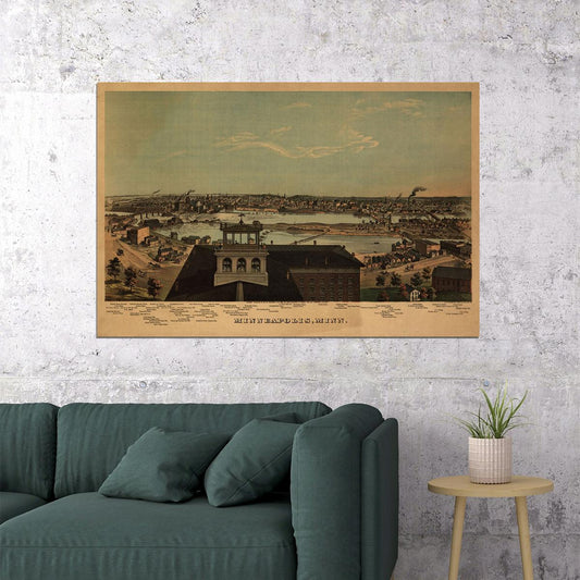 Bird's Eye View 1874 Minneapolis Minnesota Vintage Map Poster Wall Art Print Home Wall Decor - xonomax