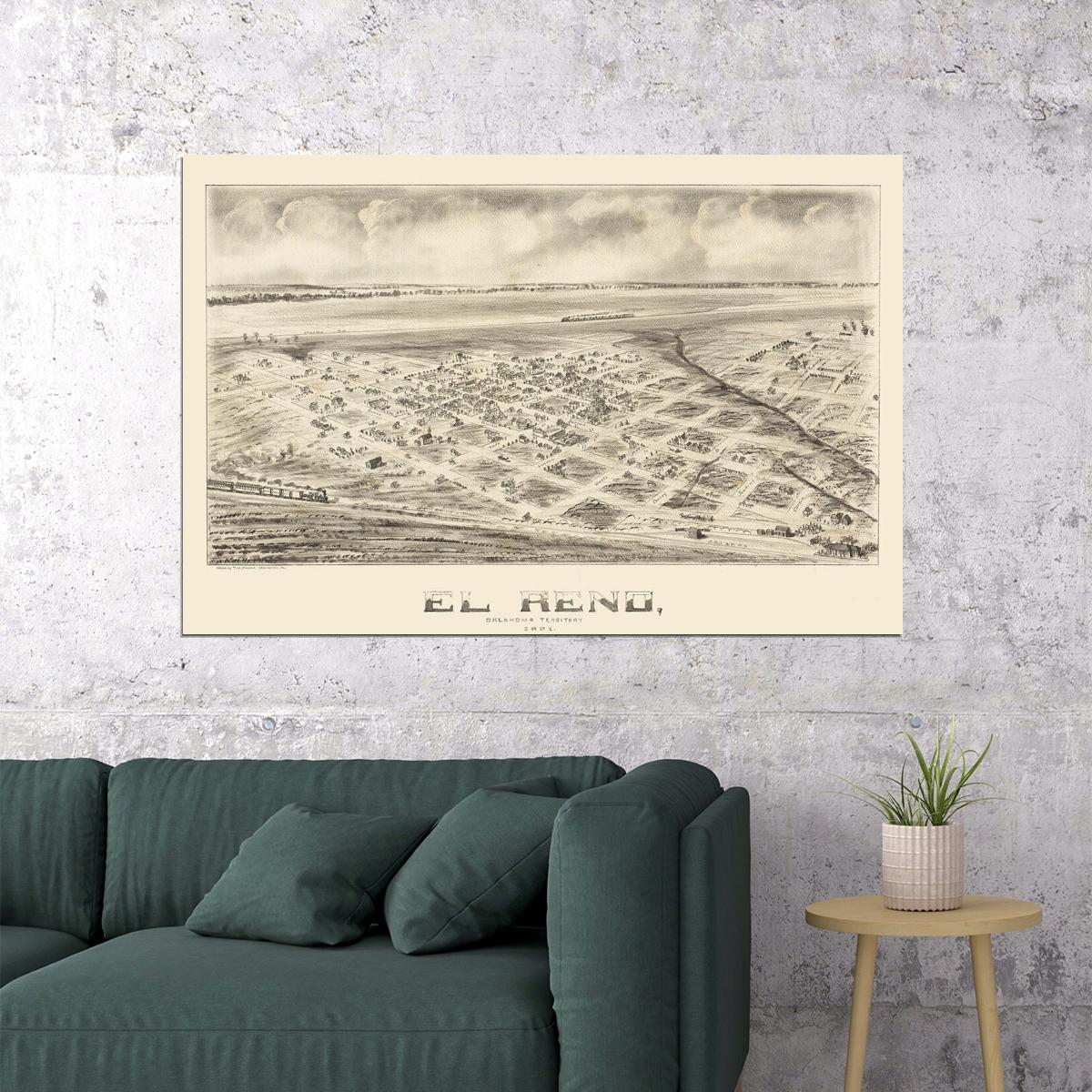Bird's Eye View 1891 El Reno Oklahoma Vintage City Map Poster Wall Art Print Home Wall Decor