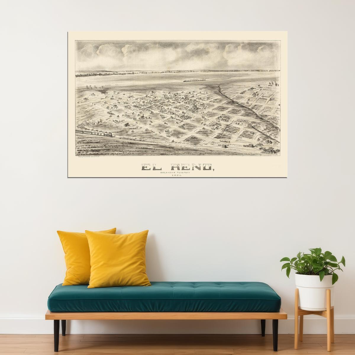 Bird's Eye View 1891 El Reno Oklahoma Vintage City Map Poster Wall Art Print Home Wall Decor