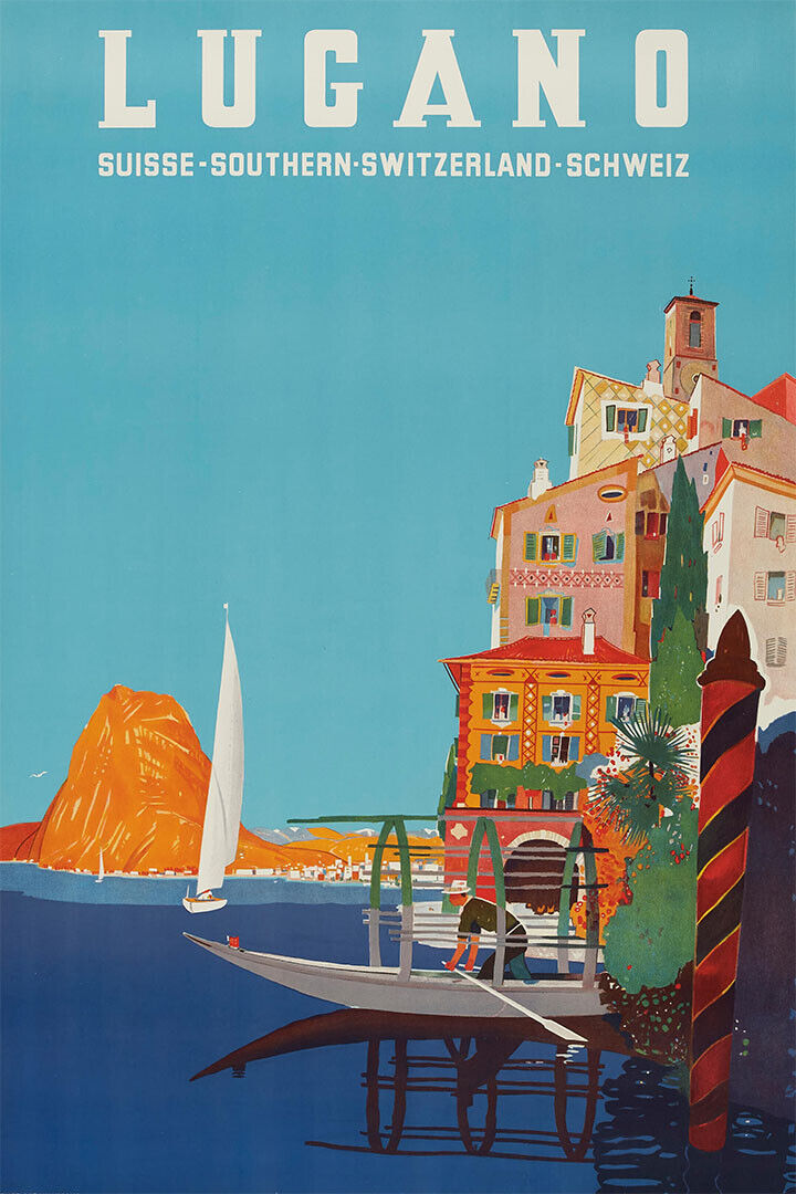 1940s Lugano Southern Switzerland Vintage Swiss Travel Poster Wall Art Print Home Wall Decor