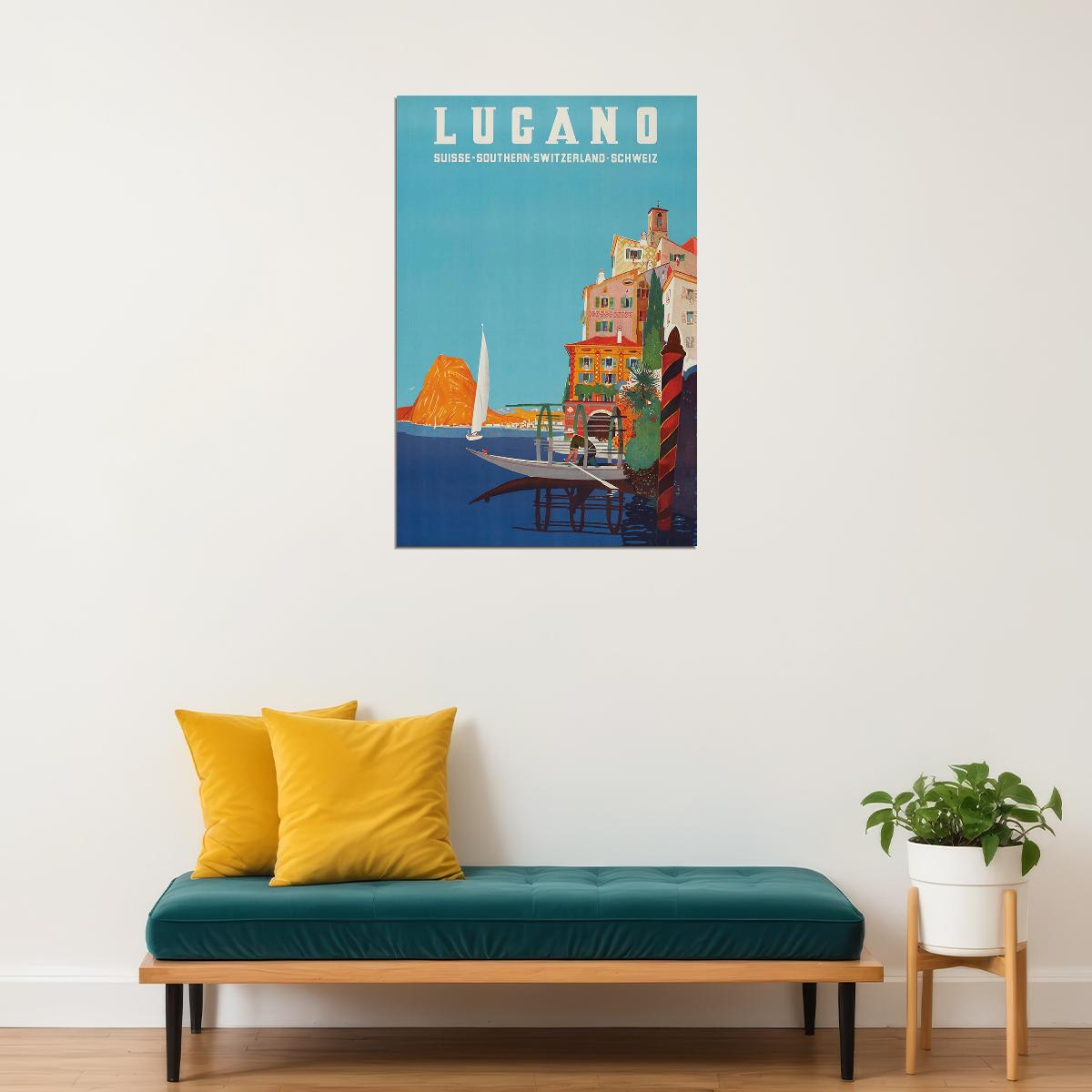1940s Lugano Southern Switzerland Vintage Swiss Travel Poster Wall Art Print Home Wall Decor