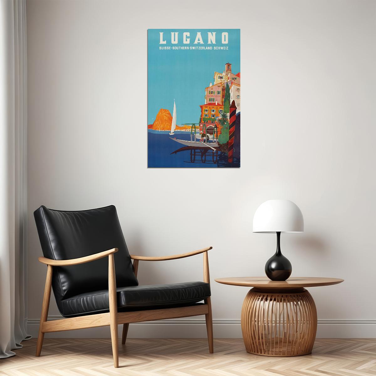 1940s Lugano Southern Switzerland Vintage Swiss Travel Poster Wall Art Print Home Wall Decor
