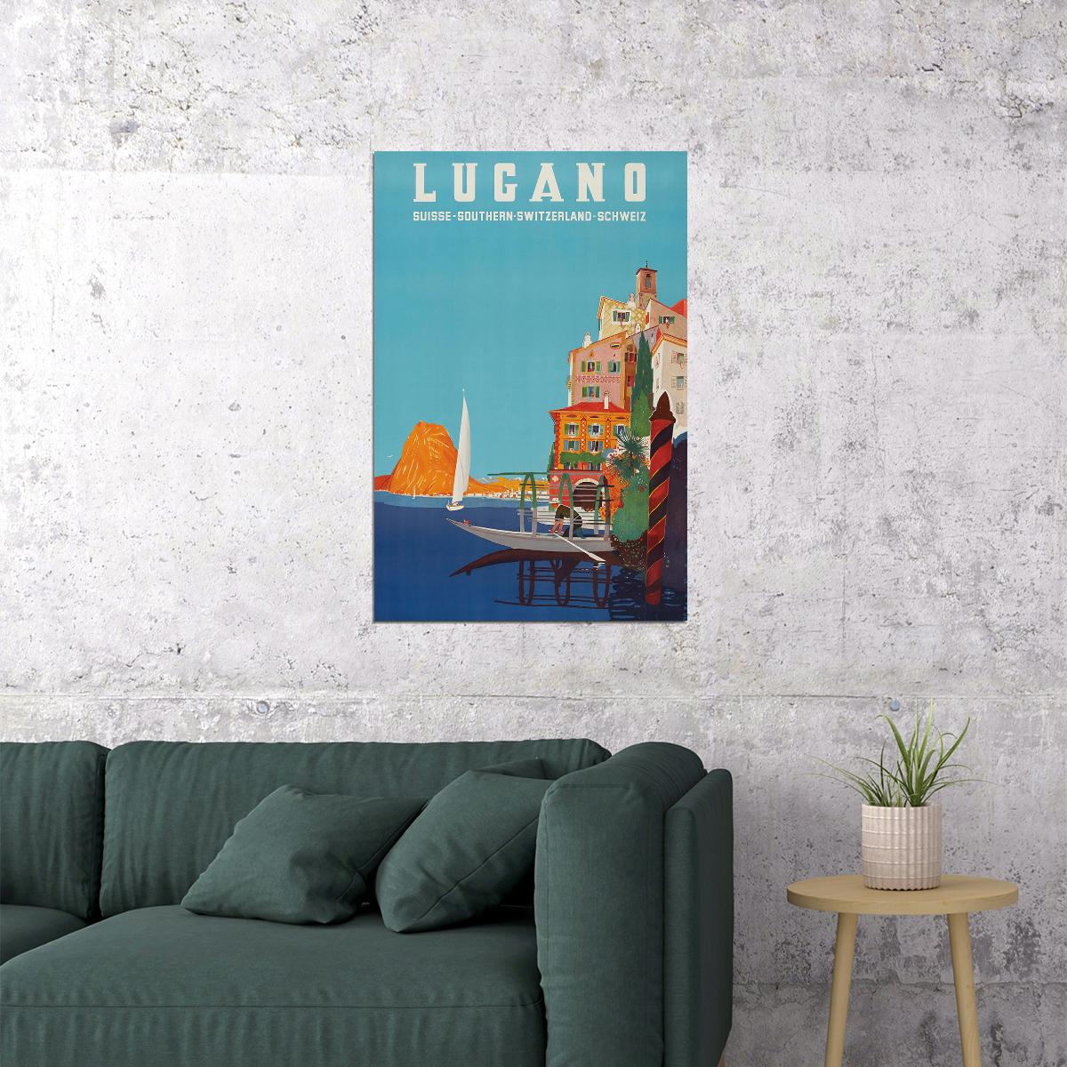 1940s Lugano Southern Switzerland Vintage Swiss Travel Poster Wall Art Print Home Wall Decor