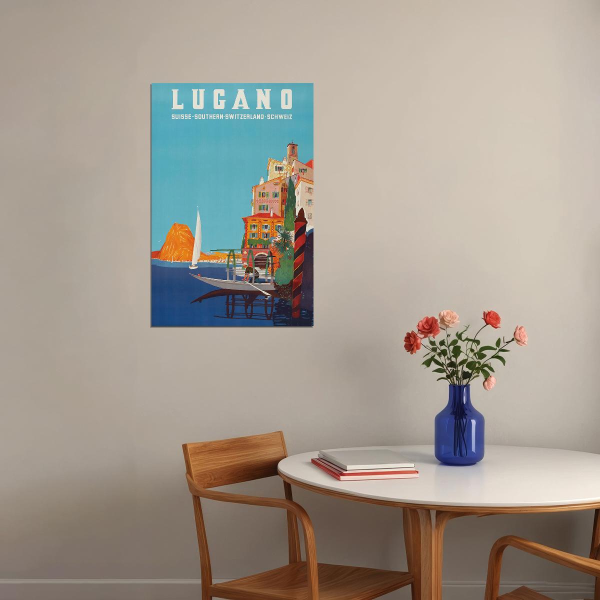 1940s Lugano Southern Switzerland Vintage Swiss Travel Poster Wall Art Print Home Wall Decor