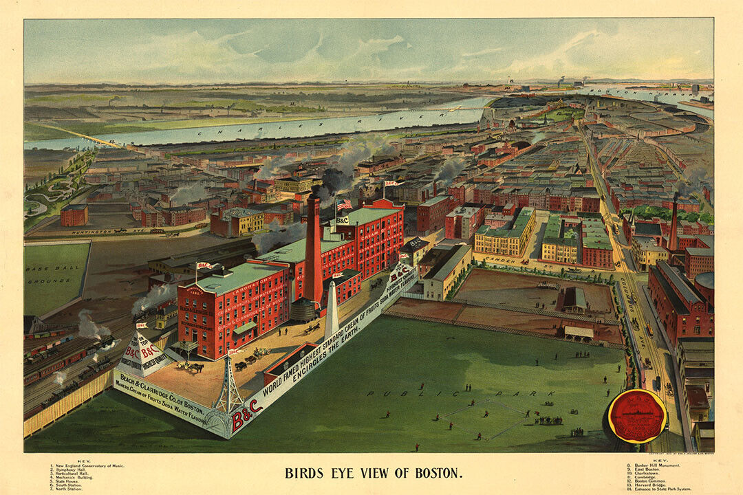 Bird's Eye View 1902 Boston Massachusetts Vintage City Map Poster Wall Art Print Home Wall Decor