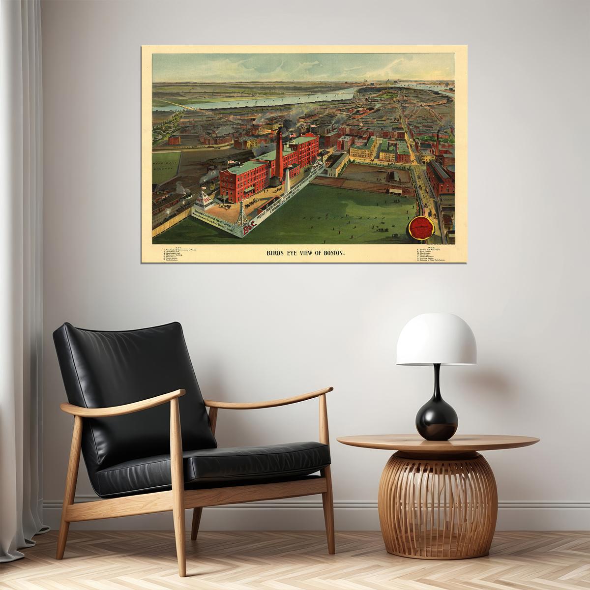 Bird's Eye View 1902 Boston Massachusetts Vintage City Map Poster Wall Art Print Home Wall Decor
