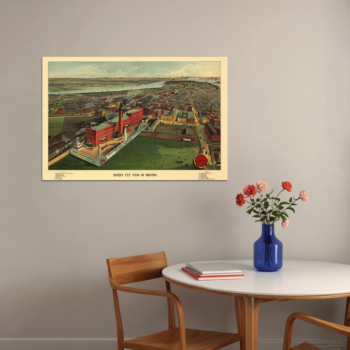 Bird's Eye View 1902 Boston Massachusetts Vintage City Map Poster Wall Art Print Home Wall Decor