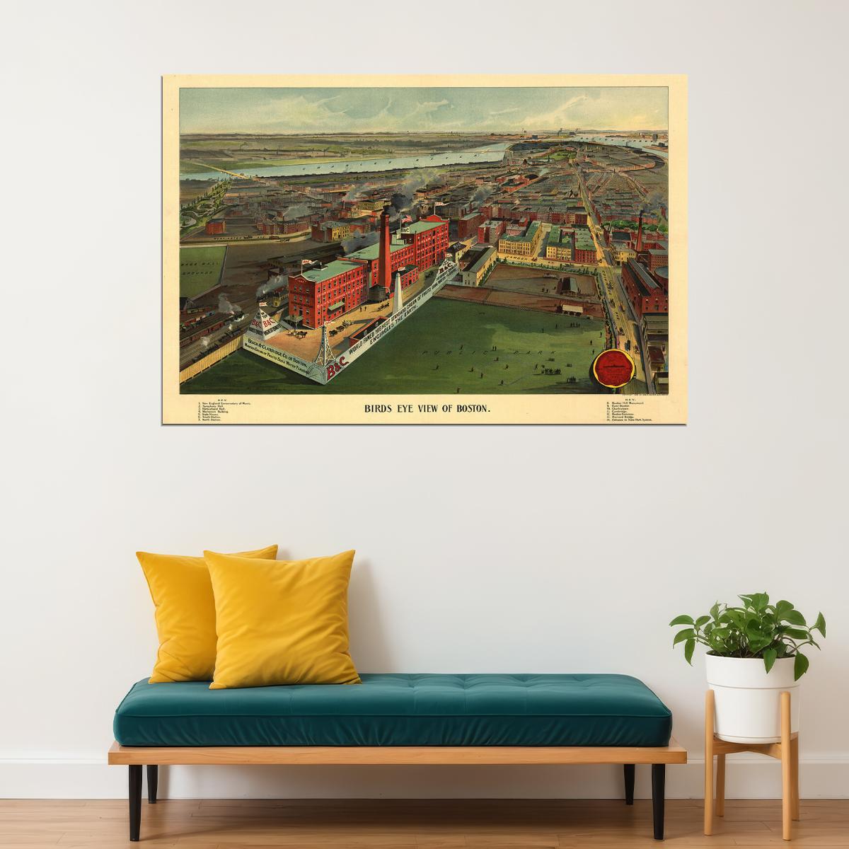 Bird's Eye View 1902 Boston Massachusetts Vintage City Map Poster Wall Art Print Home Wall Decor