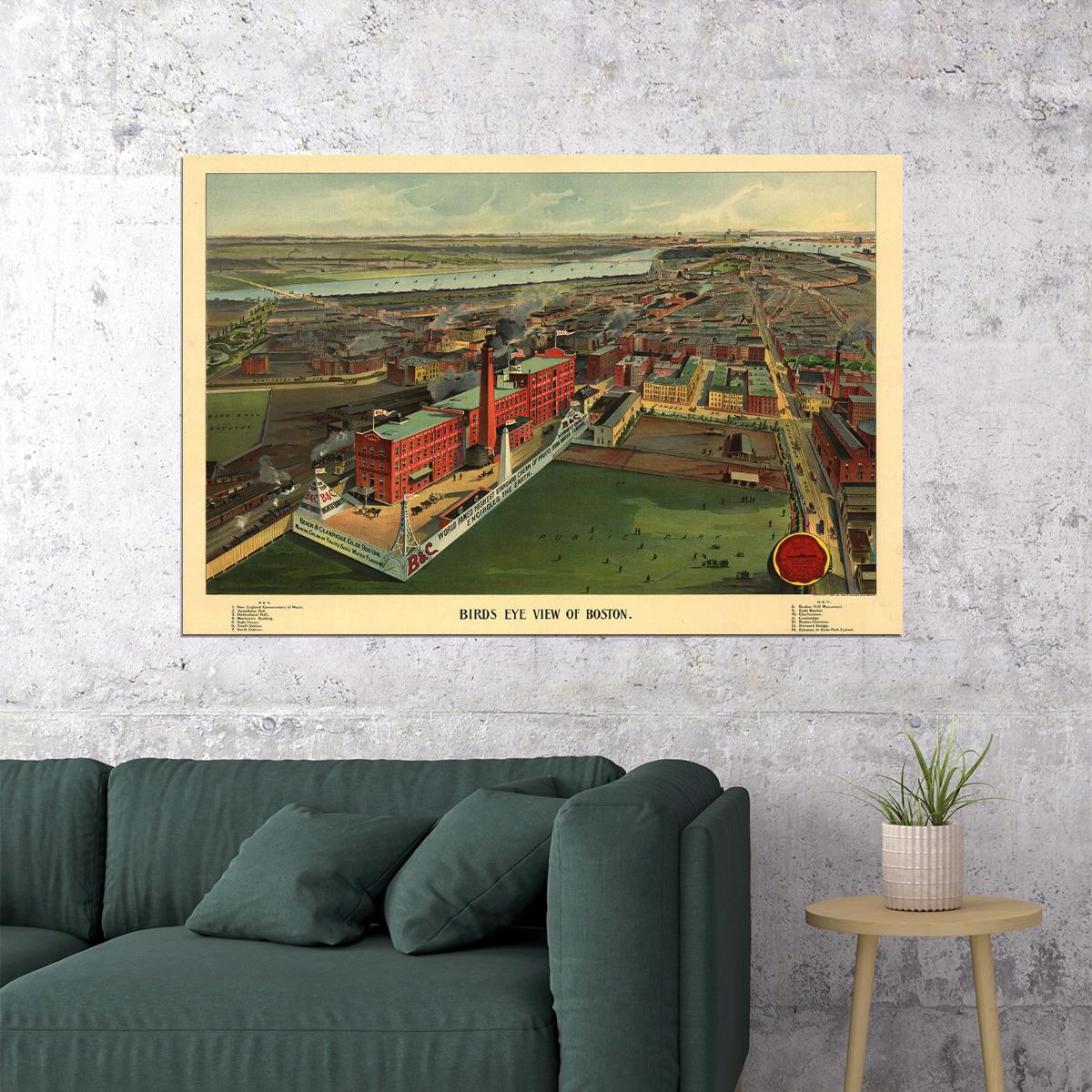 Bird's Eye View 1902 Boston Massachusetts Vintage City Map Poster Wall Art Print Home Wall Decor