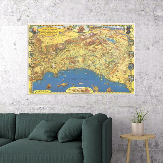 1953 Roads To Romance Southern California Old Map Poster Wall Art Print Home Wall Decor - xonomax